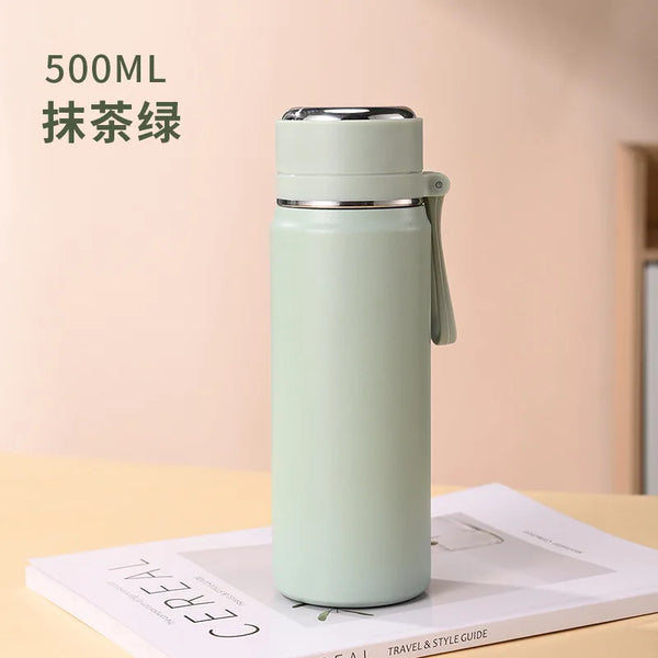 500/600ml 316 Stainless Steel Insulated Water Bottle, Matte Flask with Tea Strainer & Carry Strap for Outdoor