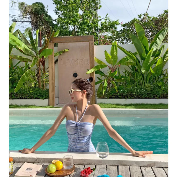 2024 New Women's One-Piece Swimsuit Blue Plaid Cover-Up Bikini Sexy Girl Style Comfortable Fit Swimming Suit Casual Swimwear