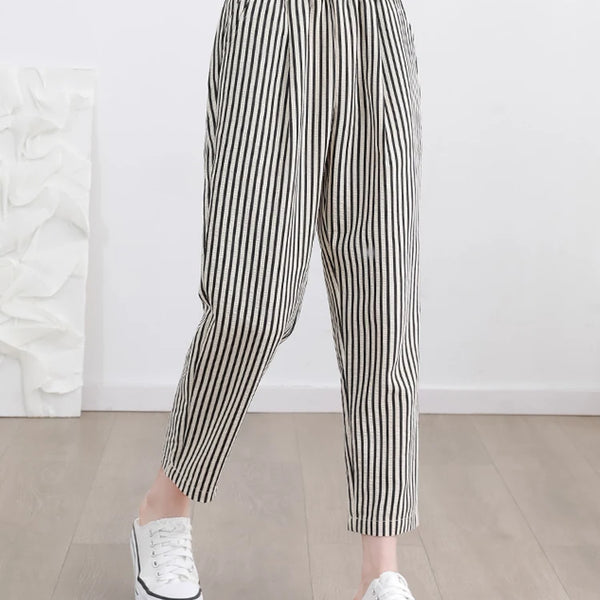 Women's Casual Vertical Striped Comfortable Breathable Elastic Waist Belted Daily Wear Casual Tapered Crop Pants With Pockets