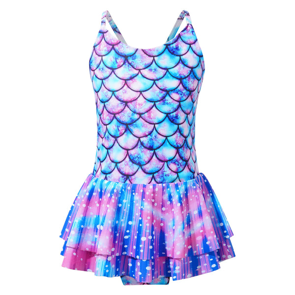 Kids Girls One-piece Swimsuit Mermaid Fish Scales Print Leotard Ruffle Jumpsuit Surfing Bathing Suit Beachwear Swim Rash Guard