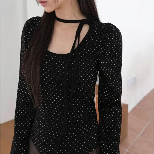Matakawa Y2k Bandage T Shirt for Women Polka Dot Spring Autumn Korean Fashion Ropa De Mujer Sexy Vintage Slim Camisetas