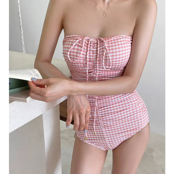 2024 New Women's One-Piece Swimsuit Blue Plaid Cover-Up Bikini Sexy Girl Style Comfortable Fit Swimming Suit Casual Swimwear