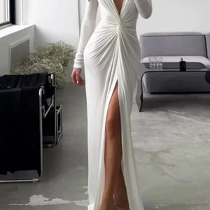 Women Maxi Dress Autumn 2023 New Fashion Sexy Slit V Neck Long Sleeve Solid Slim Pleated Evening Party Prom Dresses