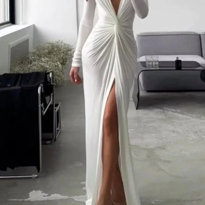 Women Maxi Dress Autumn 2023 New Fashion Sexy Slit V Neck Long Sleeve Solid Slim Pleated Evening Party Prom Dresses