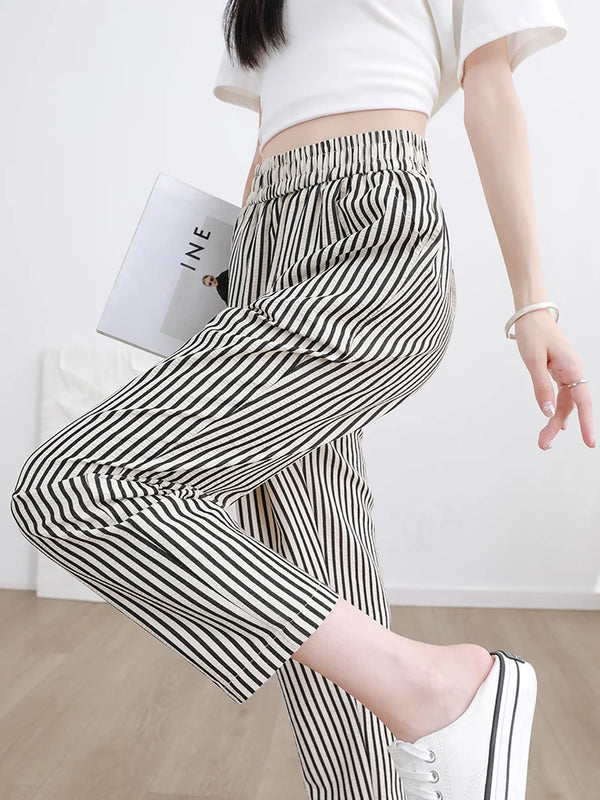 Women's Casual Vertical Striped Comfortable Breathable Elastic Waist Belted Daily Wear Casual Tapered Crop Pants With Pockets