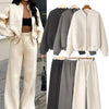 HH Women's Fall 2-Piece Retro Solid Color Zip Bomber Jacket Sweatshirt+High Waist Lace Up Women's Wide Leg Pants Street Wear