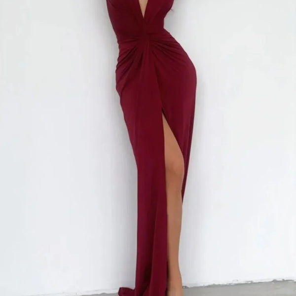 Women Maxi Dress Autumn 2023 New Fashion Sexy Slit V Neck Long Sleeve Solid Slim Pleated Evening Party Prom Dresses