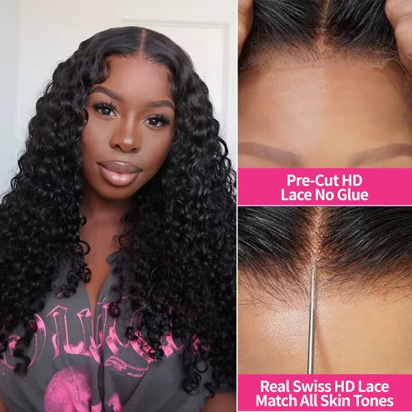 4x4 Water Wave Glueless Lace Front Wig Natural Color Deep Wave Human Hair Wig Pre plucked 5x5 Transparent Lace wig Ready to Wear
