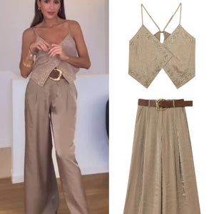 HH Female Summer Sexy Sling Tops Light Brown V-Neck Sleeveless Embroidery Lace-Up Decoration Women's Fashion Short Tops