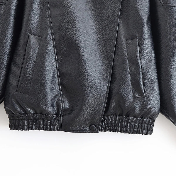 HH Autumn Faux Leather Jacket For Women Casual Solid Long Sleeve Zipper Pu Leather Coats New Fashion Female Streetwear