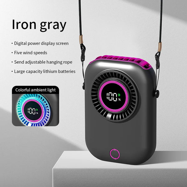 Colorful Hanging Neck Fan Portable Hanging Neck Fan Intelligent Digital Display Colorful Atmosphere Light Five-speed Adjustable
