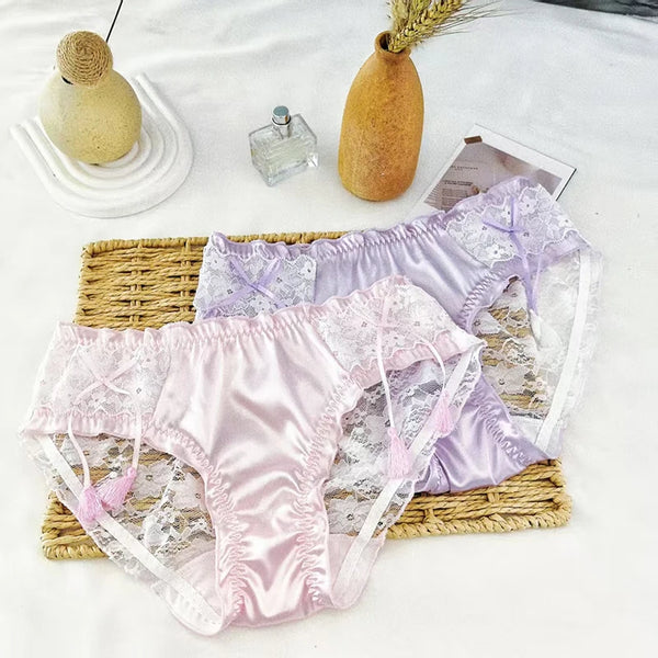 Women's Lace Satin Panties Sexy Low-Rise Briefs with Tassel Bow Transparent Breathable Cute Transparent Princess Thin Underwear