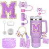 8PCS Accessories Set for Stanley Cup Purple 30oz 40oz tumbler Silicone Straw Topper Cover Cap Boot Handle Charm Initials Sticker