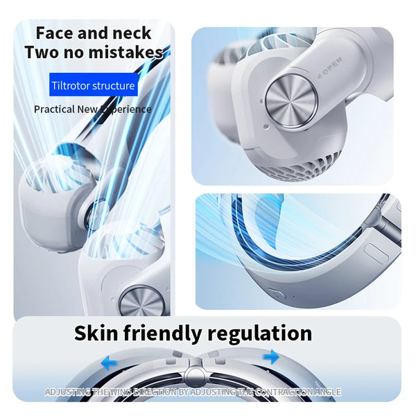 Rotor Neck Hanging Portable Fan, USB Rechargeable Adjustable Bladeless Turbo Cooling Fan for Dorm Home Outdoor