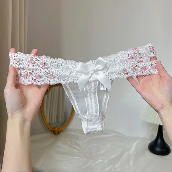 Sexy Lace Thongs for Women Low Waist G-String Panties Breathable Mesh Bow T-Back Femme Intimates Lingerie
