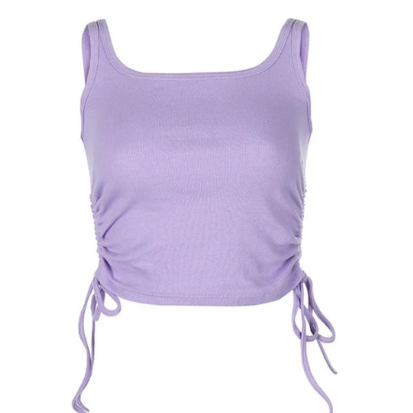 Ruched Sleeveless Tank Tops Tees Women Solid Casual Fashion Crop Top Ladies High Street Tie Up Croptop Summer Fitness