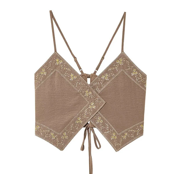 HH Female Summer Sexy Sling Tops Light Brown V-Neck Sleeveless Embroidery Lace-Up Decoration Women's Fashion Short Tops
