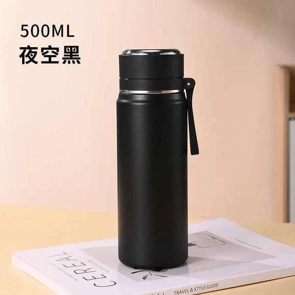 500/600ml 316 Stainless Steel Insulated Water Bottle, Matte Flask with Tea Strainer & Carry Strap for Outdoor