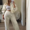 HH Women's Fall 2-Piece Retro Solid Color Zip Bomber Jacket Sweatshirt+High Waist Lace Up Women's Wide Leg Pants Street Wear