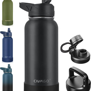 32 oz Insulated Water Bottle with Straw, Stainless Steel Sports Cup with 3 Lids, Wide Mouth Thermal Mug, Black