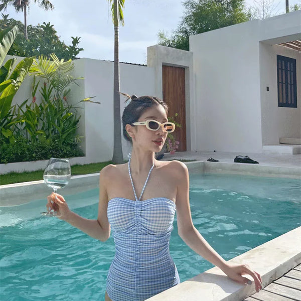 2024 New Women's One-Piece Swimsuit Blue Plaid Cover-Up Bikini Sexy Girl Style Comfortable Fit Swimming Suit Casual Swimwear