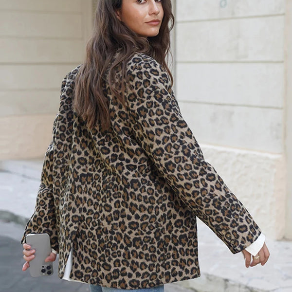 Vintage Leopard Women's Jacket Suit Casual Turndown Collar Women Coat Fashion V-neck Long Sleeve Jackets Autumn New Coats
