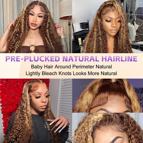 Honey Blonde Ombre Highlight Lace Front Wig Human Hair 13x6 Deep Wave HD Lace Curly WIG