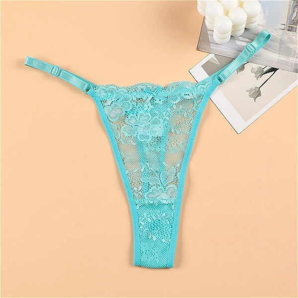 Women's Lace Mini Panties Adjustable See-Through Sexy Erotic Thongs Low Waist Tight Female Bikini T Underpants Soft Breathable