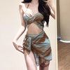 sexy Korean fashion blue tie dye print push up bikinis sets 3pcs with mesh cover skirt swimsuit sweet beach outfits biquini
