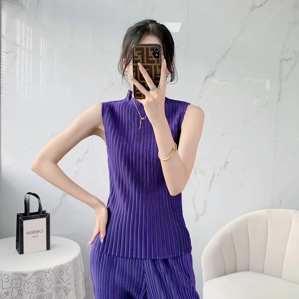 Miyake Pleated Elegant Fashion Temperament Solid Color Half High Neck Sleeveless Women's Vest 2023 Summer New Breathable Top