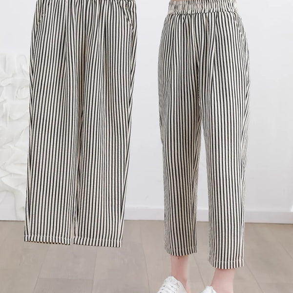 Women's Casual Vertical Striped Comfortable Breathable Elastic Waist Belted Daily Wear Casual Tapered Crop Pants With Pockets