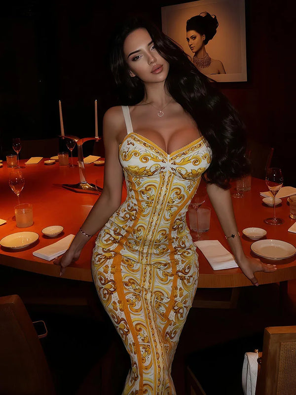 Party Dresses For Women Fashion Sexy Streetwear Printed Slash Neck Strap Sleeveless Sheath Hip Wrap Long Vestidos Robes Female