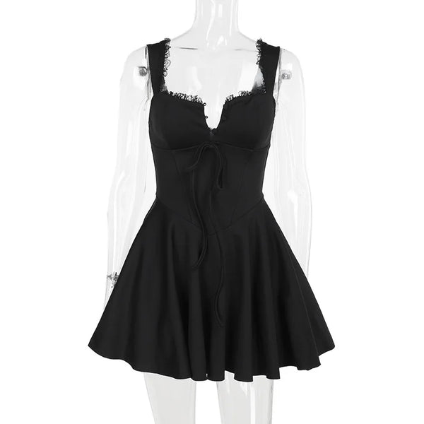 2025 Spring New Sleeveless Lace Splicing Spice Slip Dress Slim Backless Ballet Pompadour Dress V-neck High-waisted Mini Dress