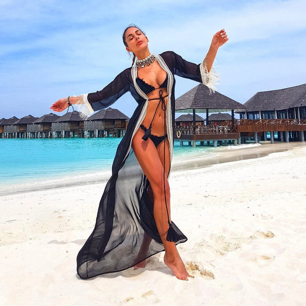 Women Swimsuit Cover Up Sleeve Beach Tunic Dress Robe De Plage Solid White Cotton Pareo High Collar Beachwear