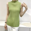 Miyake Pleated Elegant Fashion Temperament Solid Color Half High Neck Sleeveless Women's Vest 2023 Summer New Breathable Top