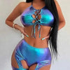 Electric Syllable Split Set Sexy Hollow Tank Top Laser Gold Plated Leg Ring Shorts Two Piece Bikini Set Suspenders Backless 8384