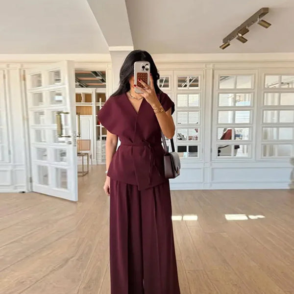 Lace Up Irregular Top Pants Suits Women Elegant V-neck Short Sleeve Belt Slim Tops High Waist Wide Leg Trousers Chic Ladies Sets