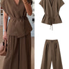 Lace Up Irregular Top Pants Suits Women Elegant V-neck Short Sleeve Belt Slim Tops High Waist Wide Leg Trousers Chic Ladies Sets