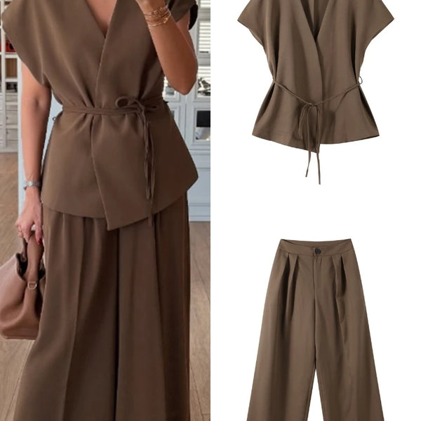 Lace Up Irregular Top Pants Suits Women Elegant V-neck Short Sleeve Belt Slim Tops High Waist Wide Leg Trousers Chic Ladies Sets