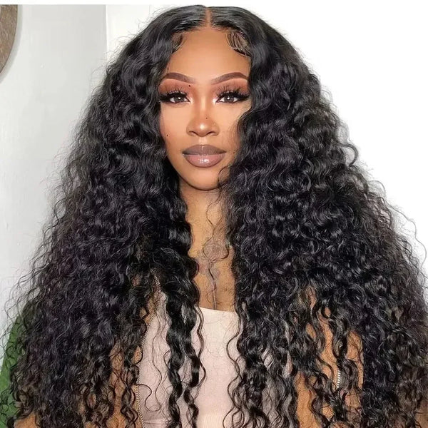 4x4 Water Wave Glueless Lace Front Wig Natural Color Deep Wave Human Hair Wig Pre plucked 5x5 Transparent Lace wig Ready to Wear