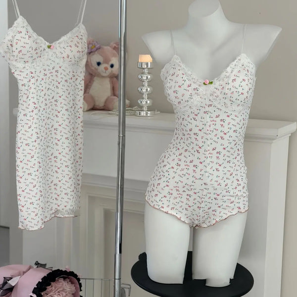 Women Sexy  Floral Print Bodysuit Lace Trim Sleeveless Slim Fit Leotard Summer Jumpsuit Romper Sexy Underwear Nightwear Lingerie