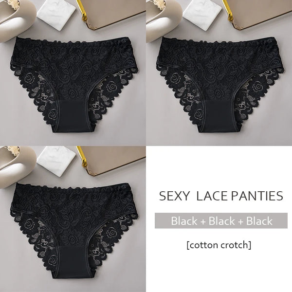 3PCS/Set Luxury Floral Embroidery Lace Panties Women Briefs Sexy Hollow Lingerie Female Underwear Ladies Breathable Underpants