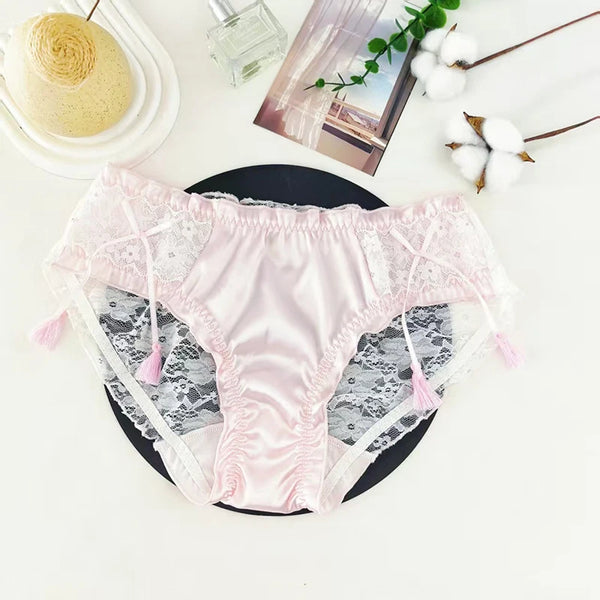 Women's Lace Satin Panties Sexy Low-Rise Briefs with Tassel Bow Transparent Breathable Cute Transparent Princess Thin Underwear