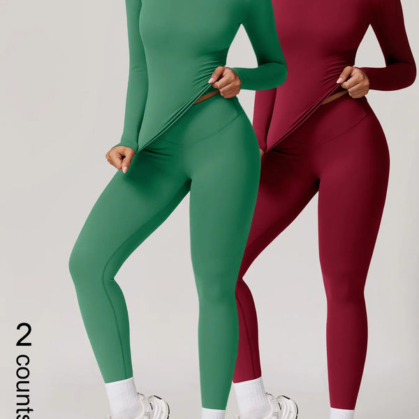 Two-Piece Set Women'S Patchwork High Elastic Soft round Neck Flat Shoulder Long Sleeve Slim Fit Beautiful Hip Tight Pants Yoga Clothes Suit Workout Running Clothes Four Seasons Outdoor Running Cycling Hiking Walking Shopping Fashion Suit Gym