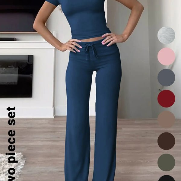 Women'S Basic Solid Short Sleeve Two-Piece Set, Casual round Neck Crop Tee & Drawstring High Waist Trousers for Daily Wear, Ladies Summer Clothes, Womenswear