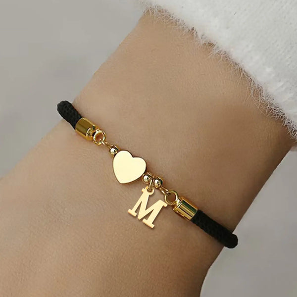 Initial Heart Charm Letter Link Bracelet, Fashion All-Match Jewelry for Women, Retro Adjustable Rope Bracelet for Daily Use