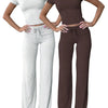 Women'S Basic Solid Short Sleeve Two-Piece Set, Casual round Neck Crop Tee & Drawstring High Waist Trousers for Daily Wear, Ladies Summer Clothes, Womenswear