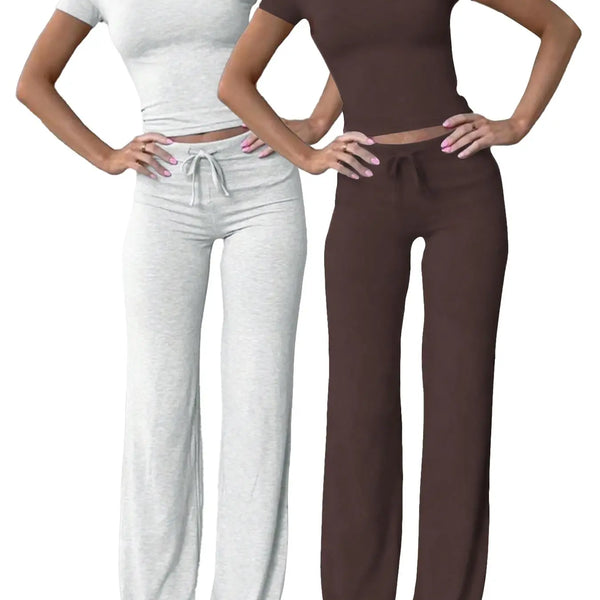 Women'S Basic Solid Short Sleeve Two-Piece Set, Casual round Neck Crop Tee & Drawstring High Waist Trousers for Daily Wear, Ladies Summer Clothes, Womenswear