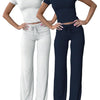 Women'S Basic Solid Short Sleeve Two-Piece Set, Casual round Neck Crop Tee & Drawstring High Waist Trousers for Daily Wear, Ladies Summer Clothes, Womenswear
