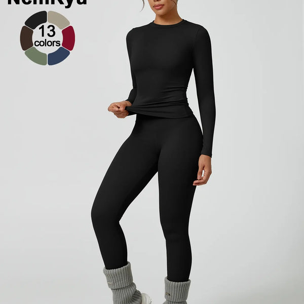 Two-Piece Set Women'S Patchwork High Elastic Soft round Neck Flat Shoulder Long Sleeve Slim Fit Beautiful Hip Tight Pants Yoga Clothes Suit Workout Running Clothes Four Seasons Outdoor Running Cycling Hiking Walking Shopping Fashion Suit Gym